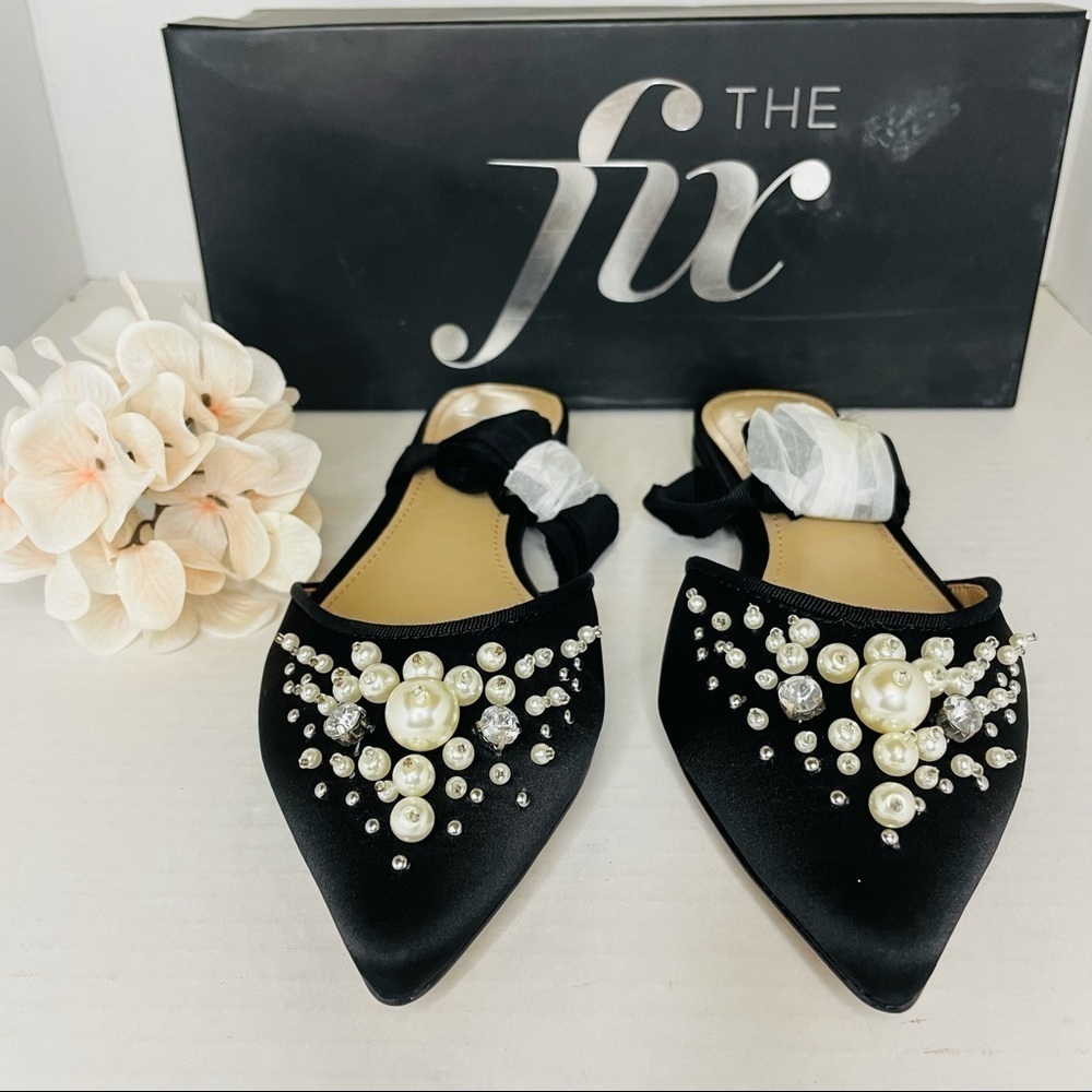 The Fix Women's Porter Pointed Toe Ankle Wrap Flat Slide Pearls Black. - Picture 3 of 7